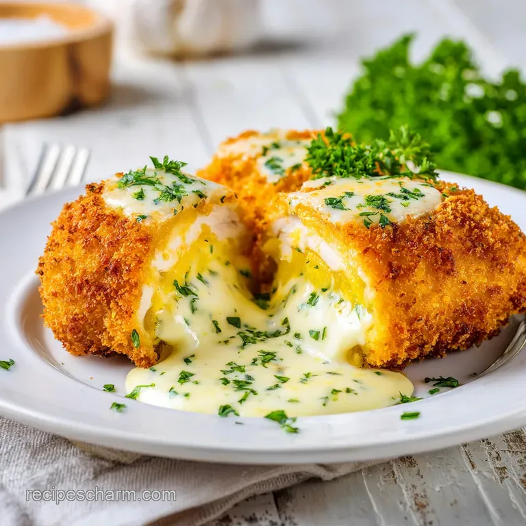 A perfectly cooked chicken Kiev, sliced to reveal a molten garlic butter center, served with vibrant roasted vegetables.
