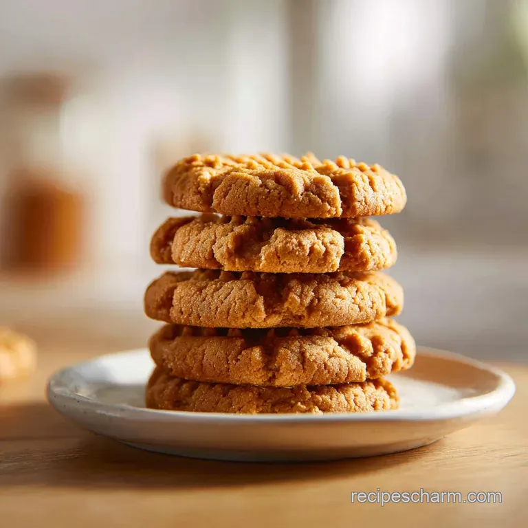 Neatly stacked peanut butter cookies, showcasing crisp edges and soft centers, presented on a white plate.
