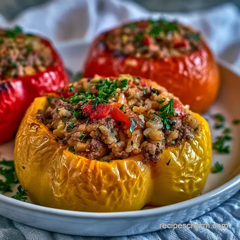 Vibrant red bell peppers filled with seasoned rice and melted cheese, plated elegantly with a sprig of fresh parsley.