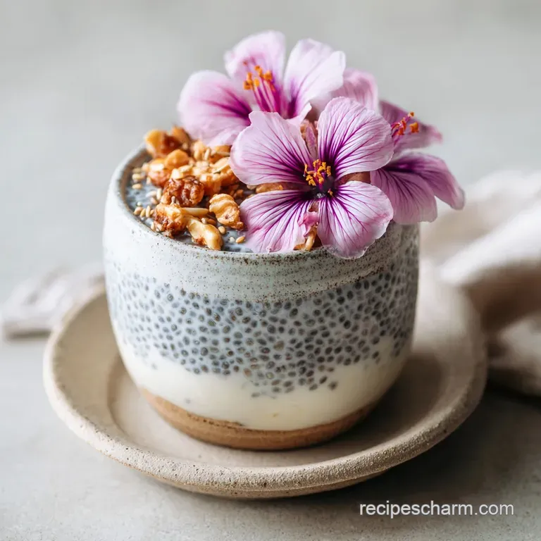 Layered chia pudding parfait. Swirls of white coconut milk contrast with bright red raspberries in a clear glass. Spoon re...