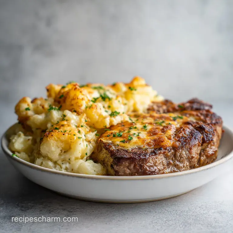 A generous scoop of steak and potato casserole, showcasing its rich, savory layers on a rustic plate.