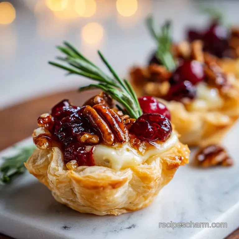 Miniature pastry cups with gooey melted cheese and ruby red berries arranged on a slate platter with rosemary.