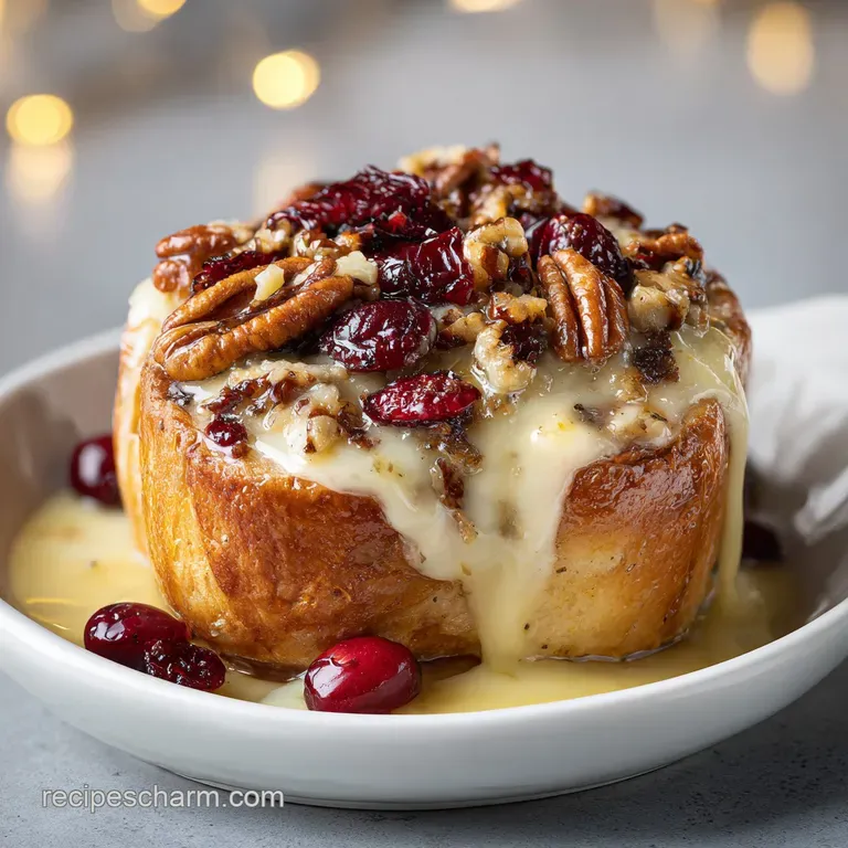 Buttery toasted bread cubes with gooey melted white cheese and bright red berries served on a white ceramic platter.