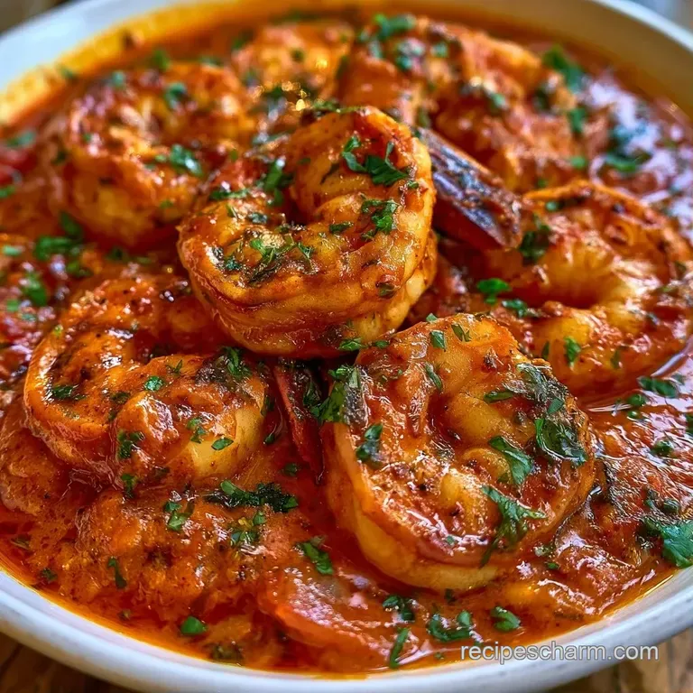 Plump shrimp in a vibrant orange curry served in a copper bowl with toasted naan and a swirl of white cream.