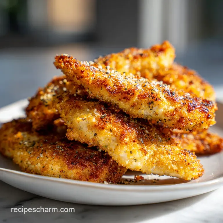 Plated crispy chicken tenders with a creamy dipping sauce and vibrant green parsley garnish, ready to be enjoyed.