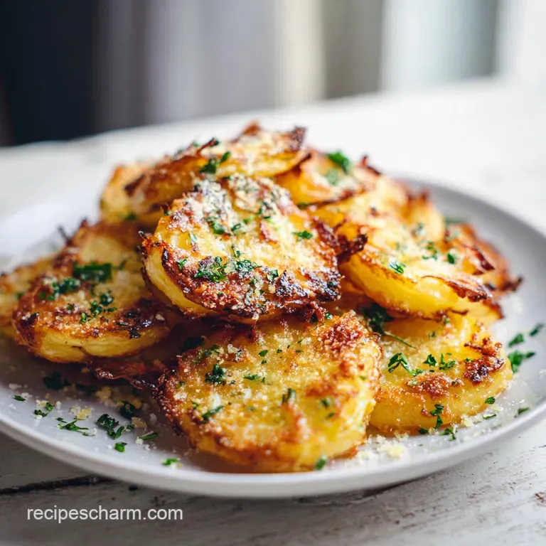 Perfectly crisp parmesan potatoes, piled high on a white plate, steam rising, with a sprig of rosemary, ready to serve.