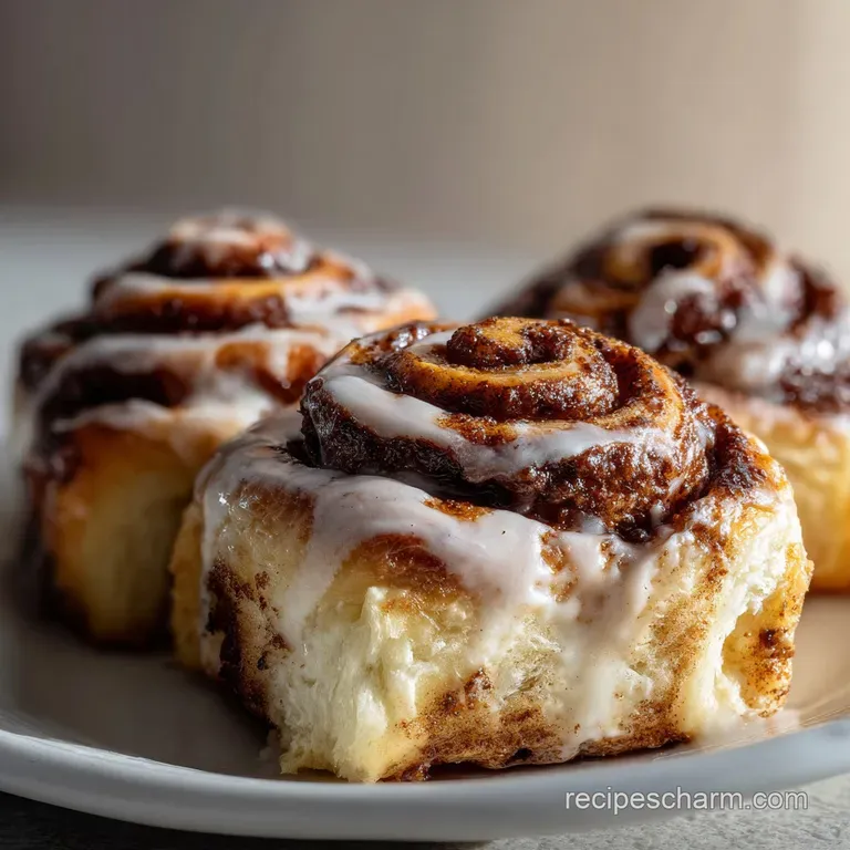 A single, perfectly formed cinnamon roll on a white plate, with a light dusting of powdered sugar. Icing glistens, invitin...