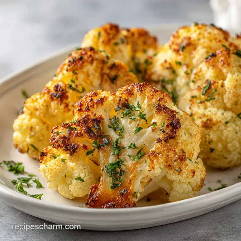 Perfectly browned cauliflower florets elegantly arranged on a white plate, garnished with fresh herbs and a light lemon we...