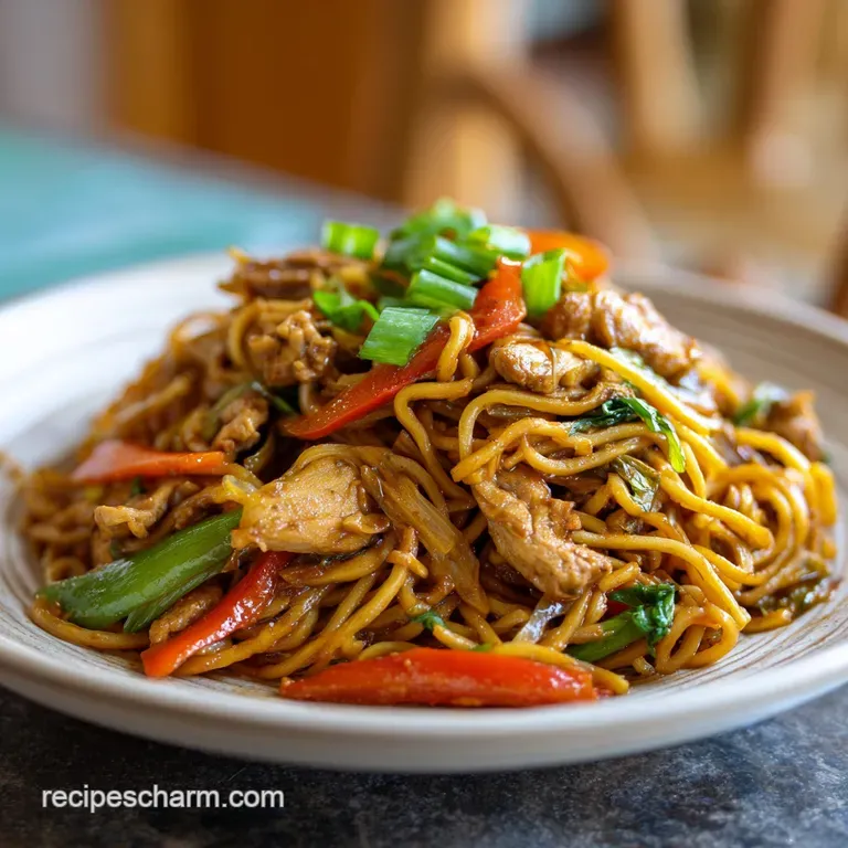 Perfectly portioned yakisoba on a white plate, garnished with sesame seeds and scallions, showcasing vibrant colors and te...