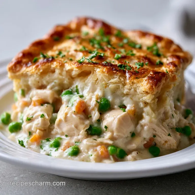 A slice of buttery pastry pie on a white ceramic plate, revealing a thick, creamy filling and tender vegetables.