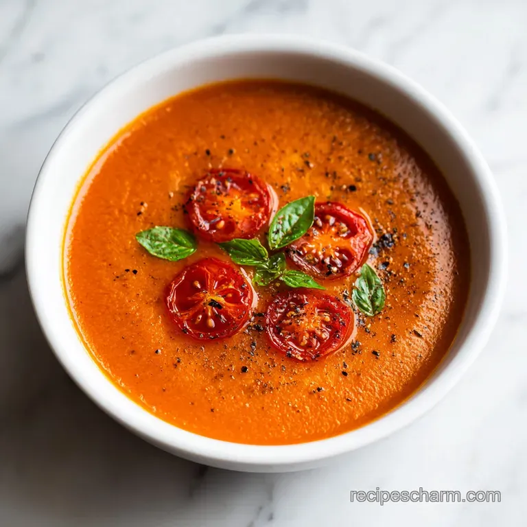 A bright bowl of pureed tomato soup, garnished with basil leaves and a drizzle of olive oil.