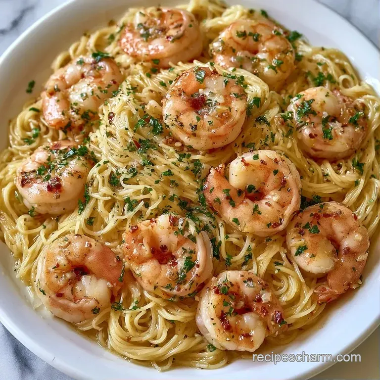 Twirled pasta nest topped with seared pink shrimp, a lemon wedge, and a sprinkle of chopped parsley on a platter.