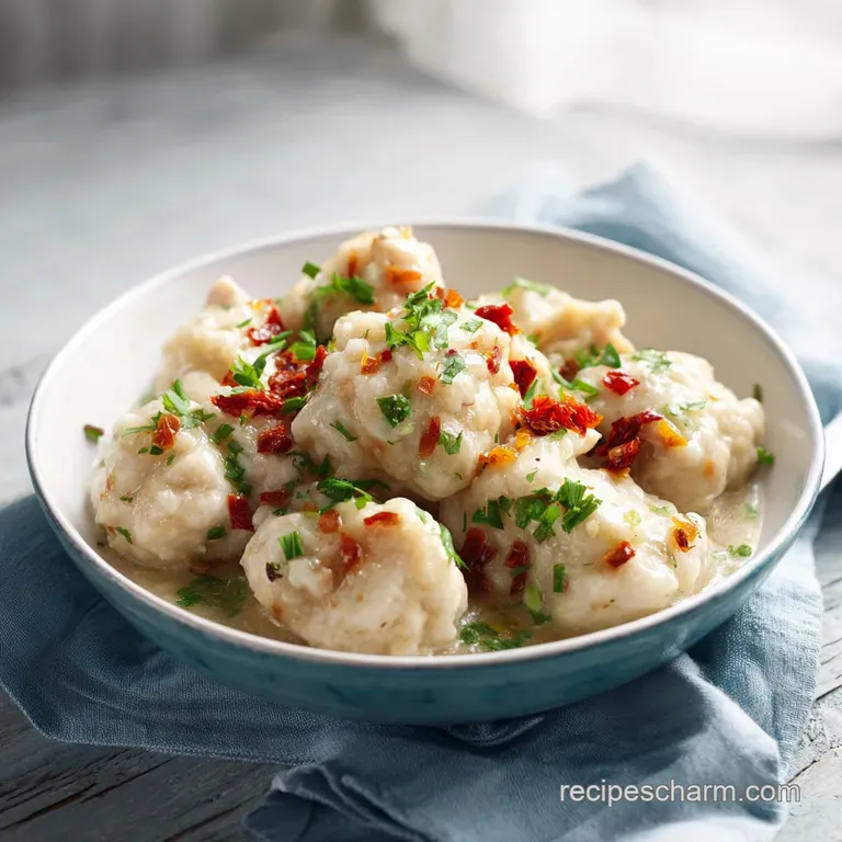 A deep bowl filled with tender chicken and fluffy dumplings swimming in rich, creamy broth. Sprinkled with fresh parsley, ...