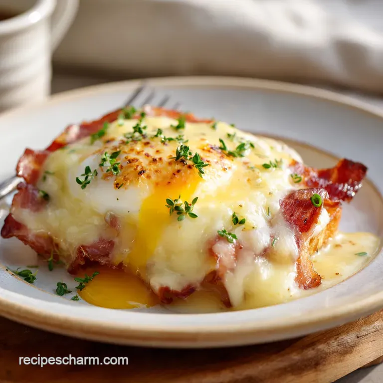 A slice of eggs benedict casserole, creamy sauce glistening, served on a white plate with a sprinkle of fresh parsley.