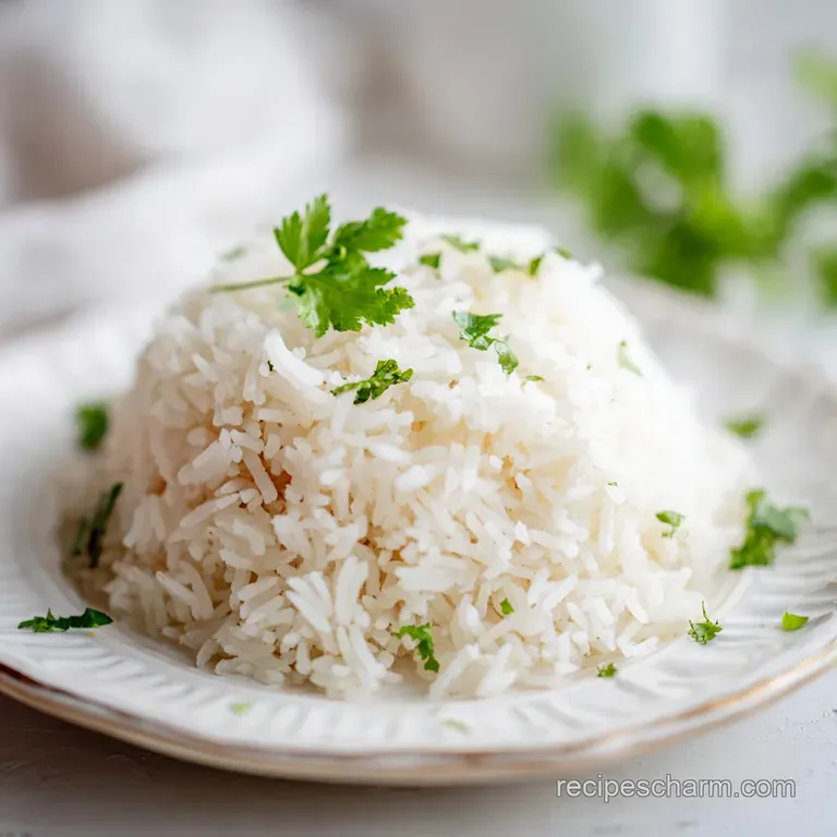 Perfectly molded mound of fluffy white rice served on a dark slate plate with a small sprig of fresh cilantro.