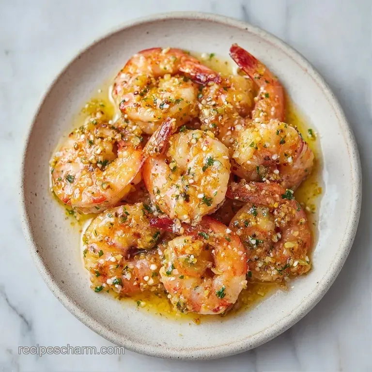 Golden-brown shrimp curled elegantly around a fresh lemon wedge, garnished with chopped herbs on a dark platter.