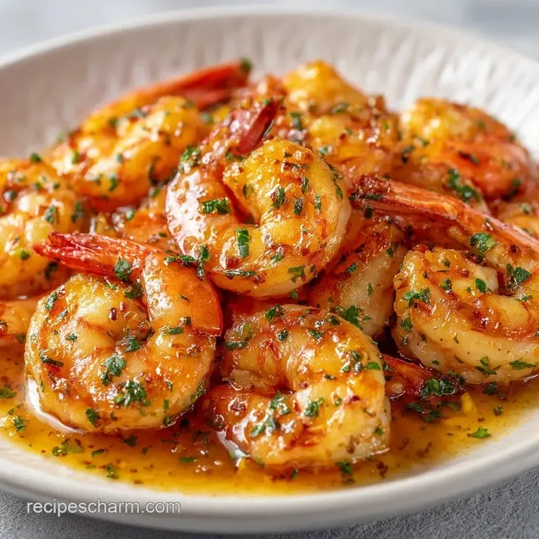 Glistening pink prawns arranged on a white ceramic plate with a drizzle of melted butter and a lemon wedge slice.