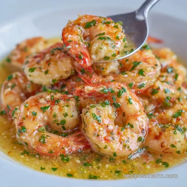 Elegant white ceramic plate featuring saut&eacute;ed shrimp in a shimmering lemon butter sauce with bright lemon slices.