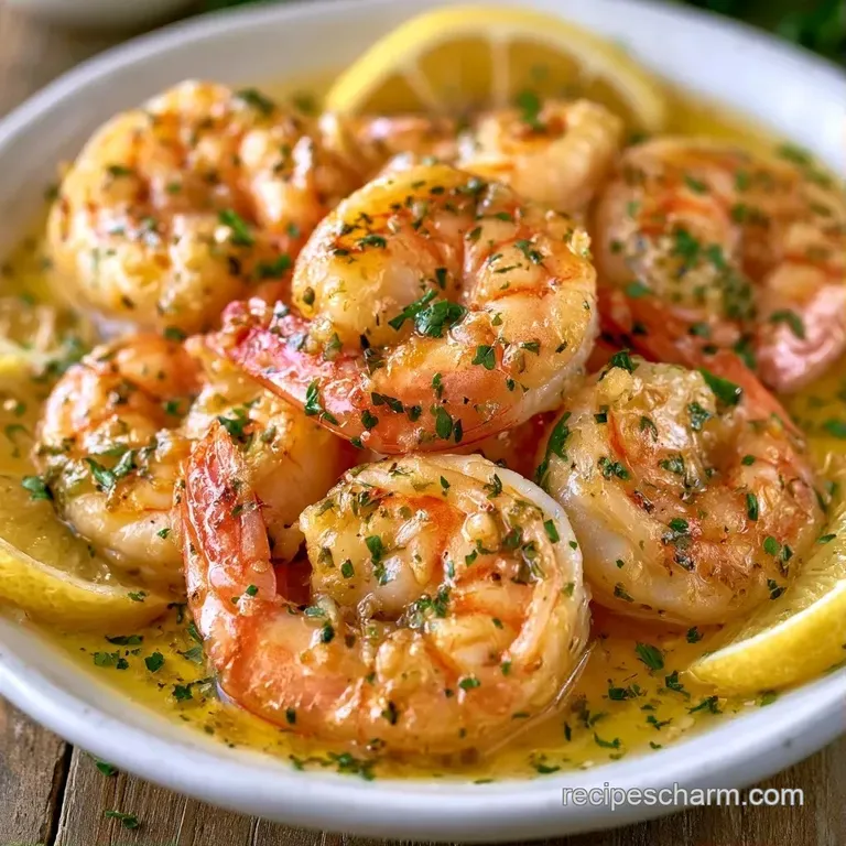 Glossy pink shrimp and pale linguine arranged on a white plate, accented by bright lemon wedges and fresh herbs.