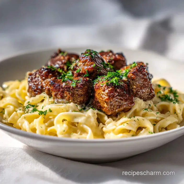 A white ceramic plate featuring swirled pasta topped with sliced steak and melted butter, garnished with fresh herbs.