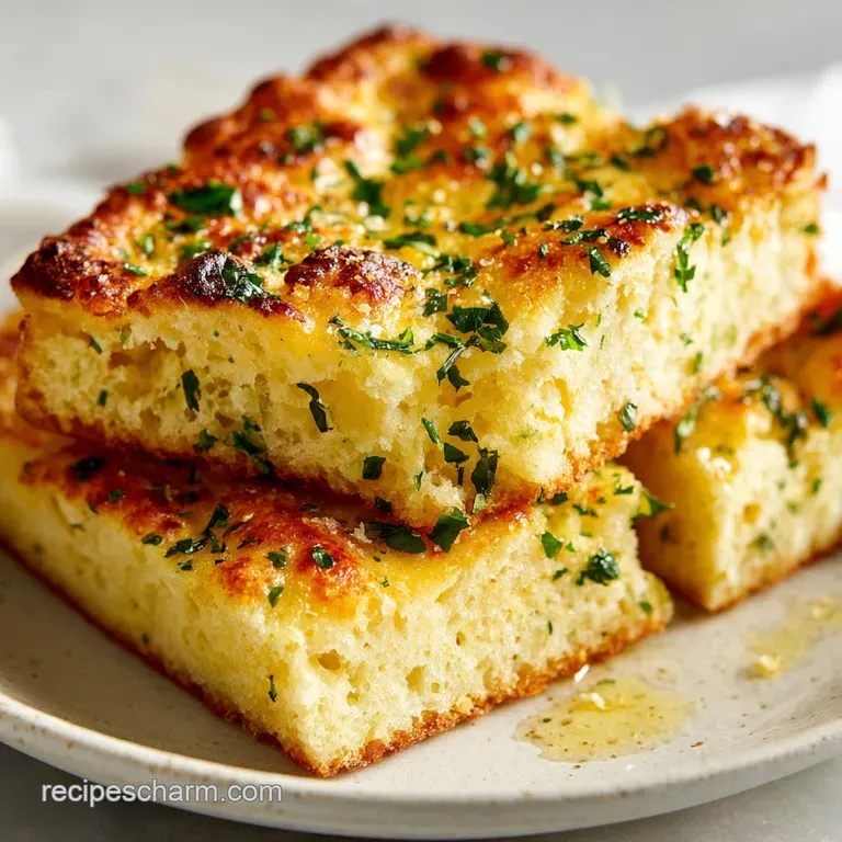 Three golden tapioca cakes artfully stacked, glistening with oil and herbs, on a rustic wooden board.