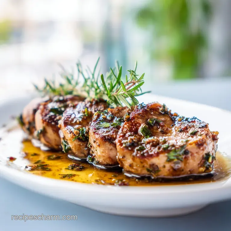 A perfectly carved slice of wild turkey, juicy and tender, plated with vibrant greens and a drizzle of flavorful sauce.