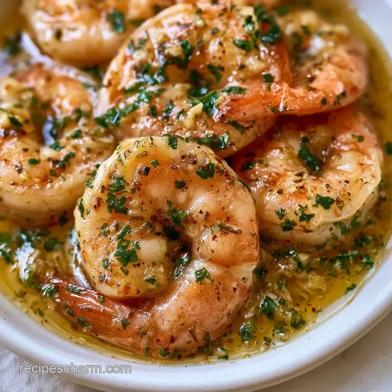 Seared pink shrimp arranged on a white ceramic plate with lemon slices and a drizzle of shimmering butter sauce.