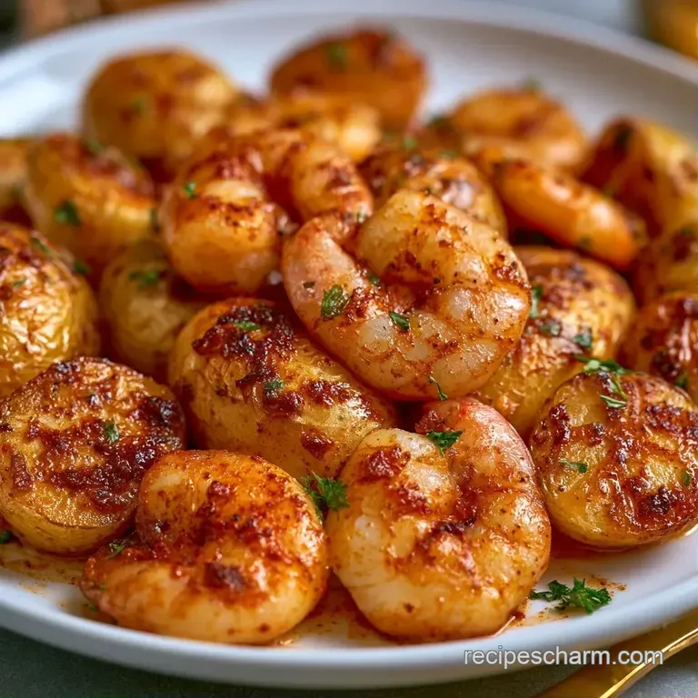 Elegant arrangement of seared pink shrimp and roasted gold potatoes with a bright lemon wedge on a minimalist plate.
