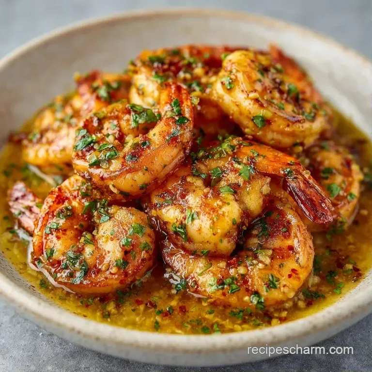 Plump, saut&eacute;ed shrimp drizzled with a glossy golden butter sauce on a white ceramic plate with a sprig of parsley.