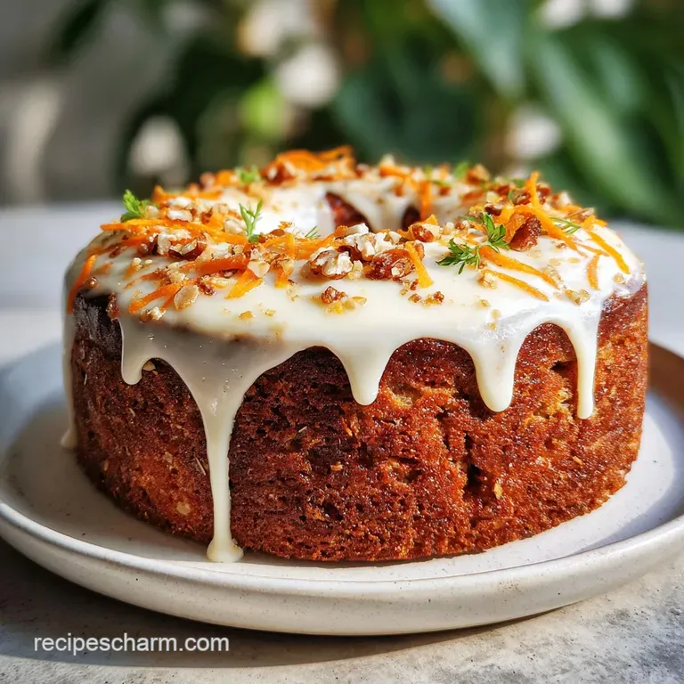 Slice of carrot cake showing moist crumb, studded with visible carrots and topped with a swirl of sweet cream cheese frost...