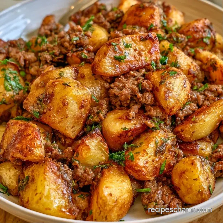 A neat mound of browned beef and tender potatoes garnished with chives on a matte white ceramic plate.
