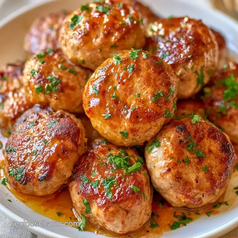 Golden-brown meatballs served on a minimalist white plate with a side of steamed greens and a glossy pan sauce.