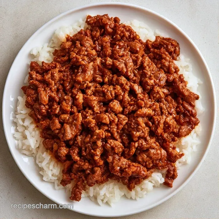Hearty scoop of seasoned beef and fluffy rice topped with fresh parsley on a minimalist matte ceramic plate.