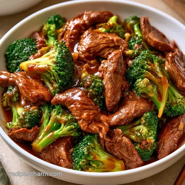 Steaming stir-fry of seared beef and bright broccoli served in a white bowl with scattered toasted sesame seeds.