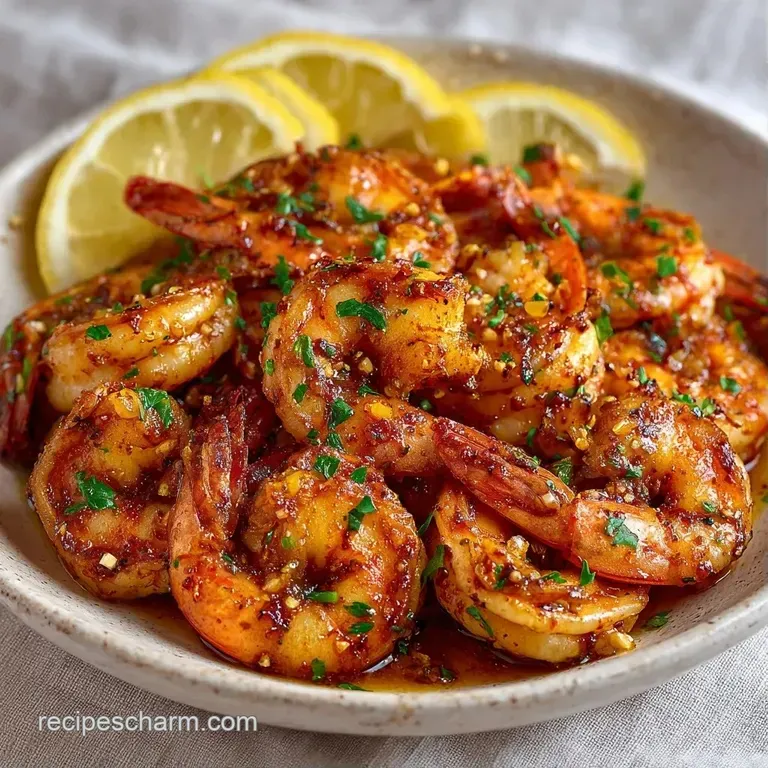 Saut&eacute;ed pink shrimp arranged neatly over steamed greens with a bright lemon wedge and a sprinkle of chopped herbs.