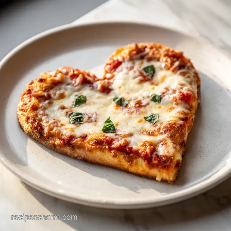 Slice of heart-shaped pizza on a plate, steam rising, with melted cheese glistening and herbs sprinkled for vibrant color.