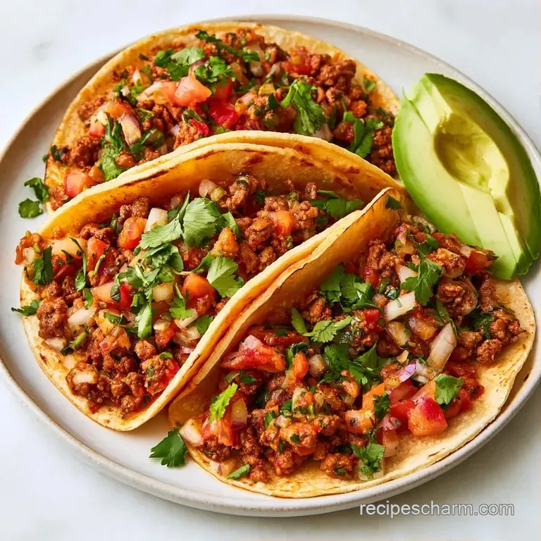 Row of vibrant tacos on a white platter accented by zesty lime wedges and a small bowl of chunky red salsa.