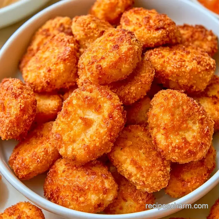Crispy breaded chicken bites arranged neatly around a small bowl of creamy white sauce on a matte grey platter.