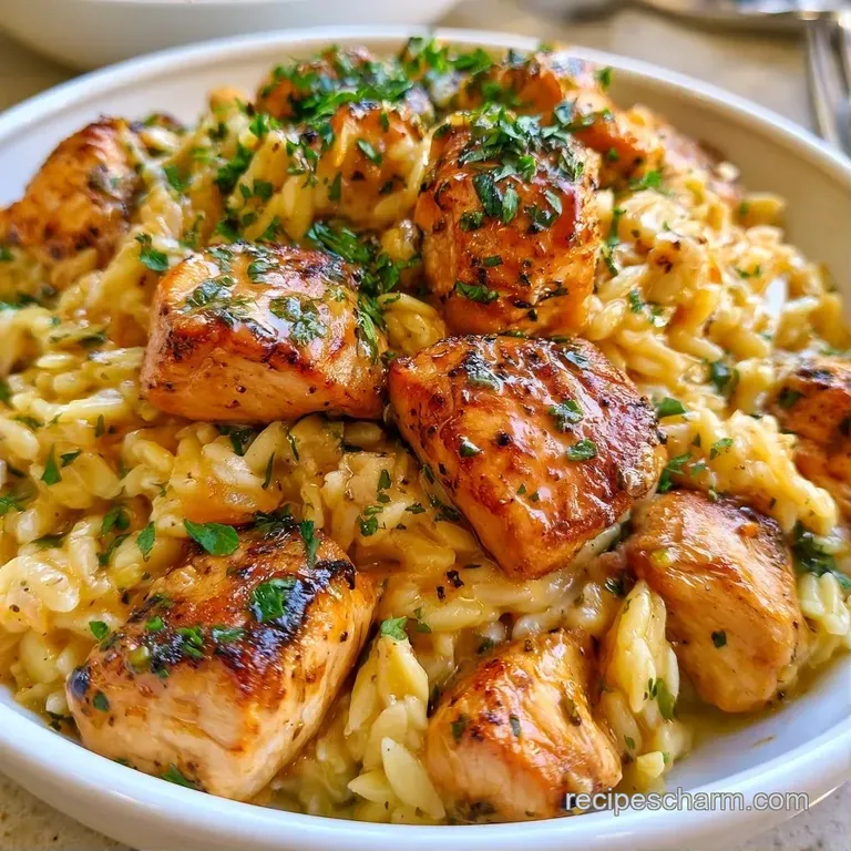 Ivory-colored creamy pasta and tender chicken in a shallow bowl, garnished with fresh herbs and cracked pepper.