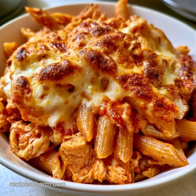 A generous scoop of creamy cheesy pasta and tender chicken in a white ceramic bowl with a side of fresh greens