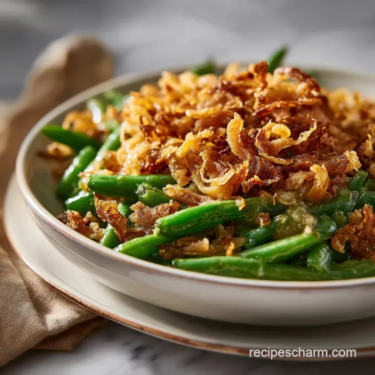 A comforting portion of creamy green bean casserole, topped with crunchy fried onions.