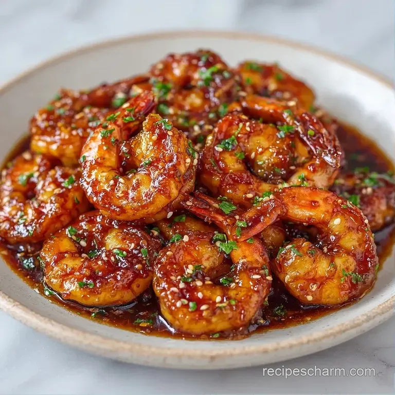Plump, glazed shrimp arranged over fluffy white rice in a white bowl, garnished with toasted sesame seeds and chives.