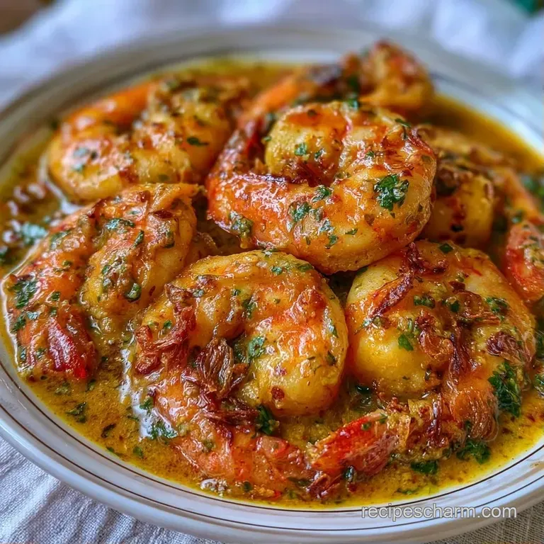 A cast-iron pan filled with juicy shrimp, colorful peppers, and fresh cilantro leaves on a rustic wooden table.