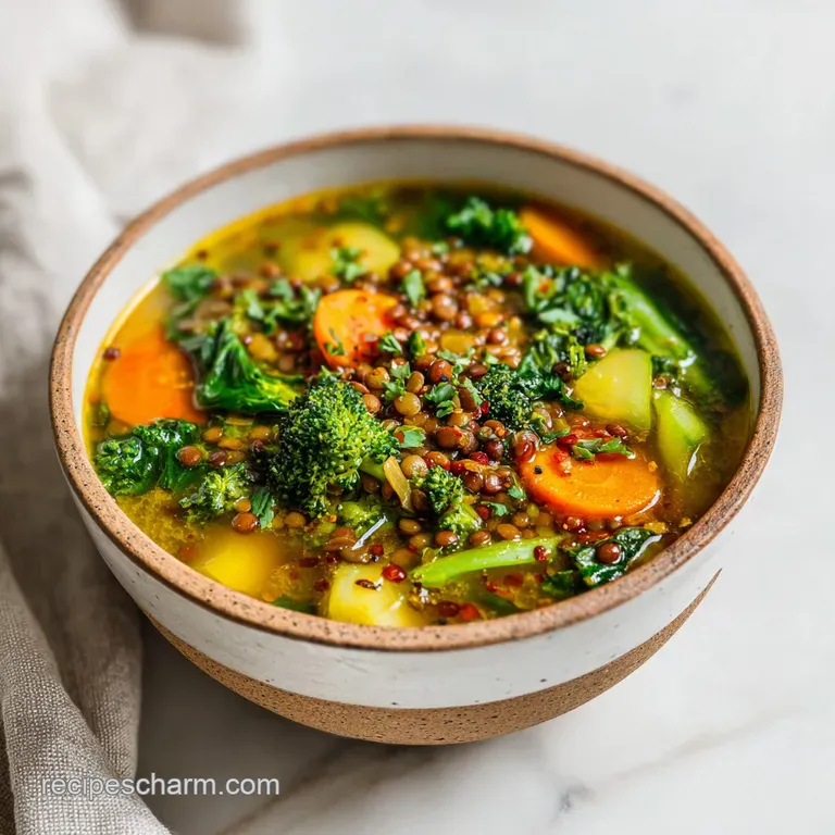 A vibrant bowl of lentil soup, topped with fresh green herbs, served with crusty bread on the side.