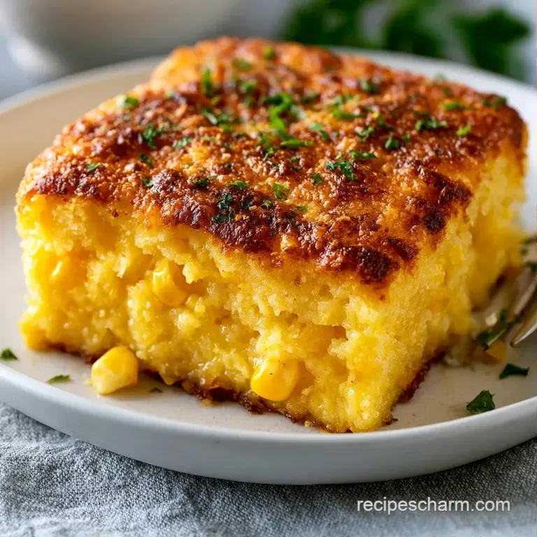 A square slice of buttery corn pudding on a white plate, garnished with a sprig of fresh green parsley.