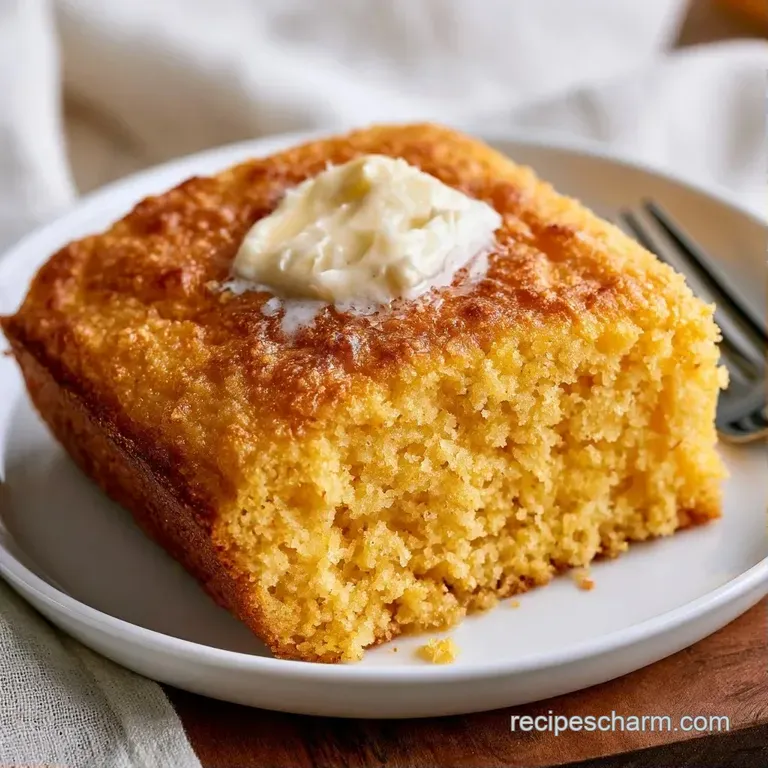 A moist slice of yellow corn cake topped with a dollop of white sour cream and a sprinkle of fresh green chives.