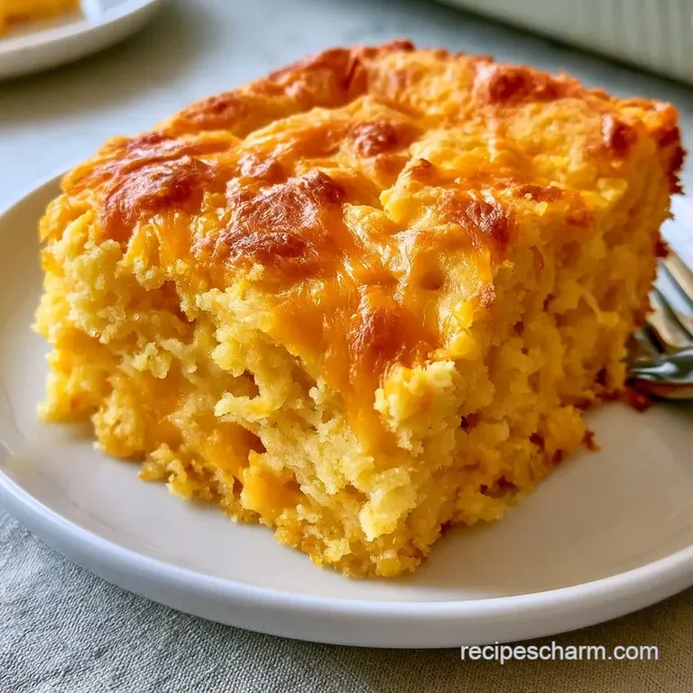 Thick slice of golden corn bread on a white ceramic plate, topped with a swirl of creamy sauce and herbs.