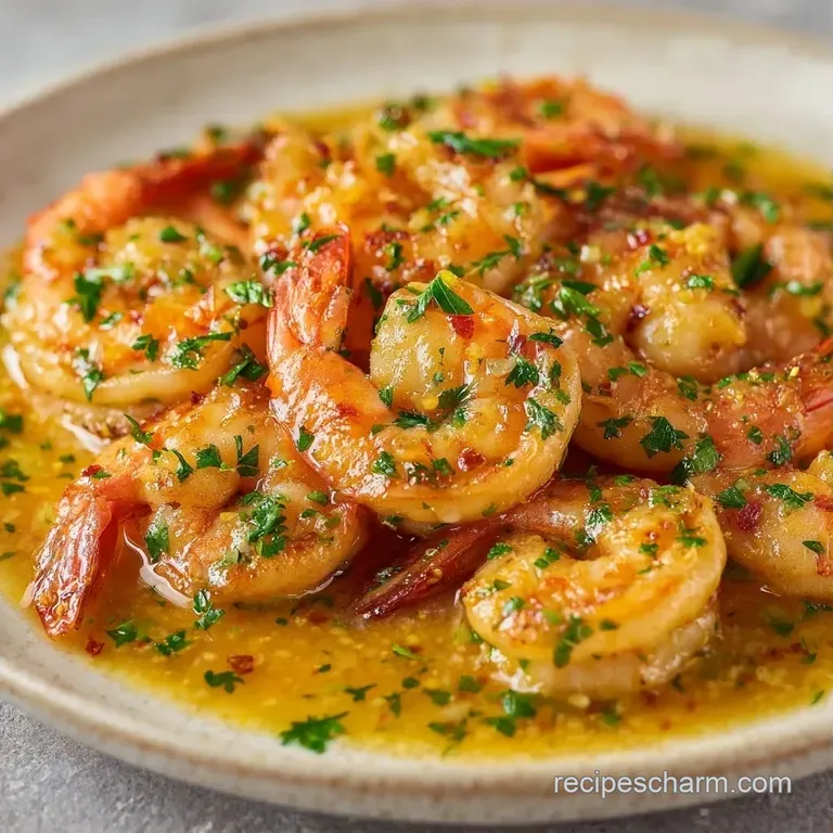 Twirled pasta topped with pink shrimp and lemon slices on a white ceramic plate with a sprinkle of fresh herbs.