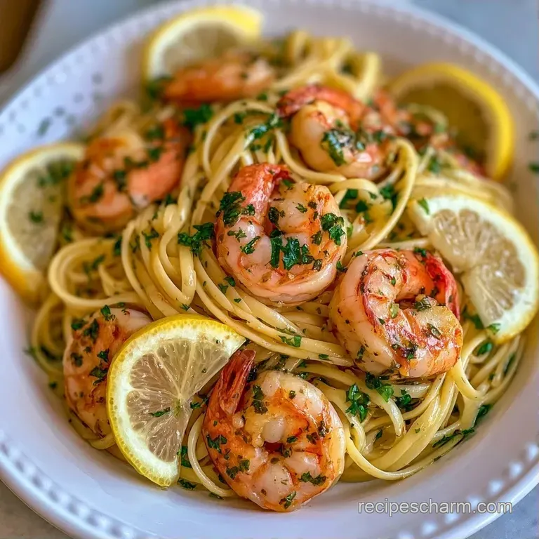 Elegant white plate holding twirled pasta topped with seared shrimp, lemon rounds, and a dusting of parmesan cheese.