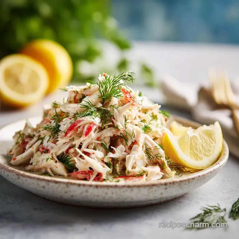 Delicate mound of fresh crab salad, accented by vibrant green herbs and zesty lemon, elegantly plated for a refined presen...